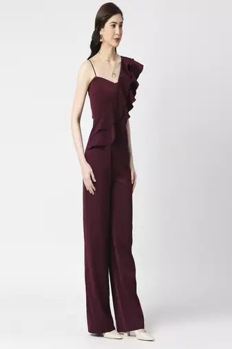Wine ruffle jumpsuit