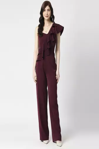 Wine ruffle jumpsuit