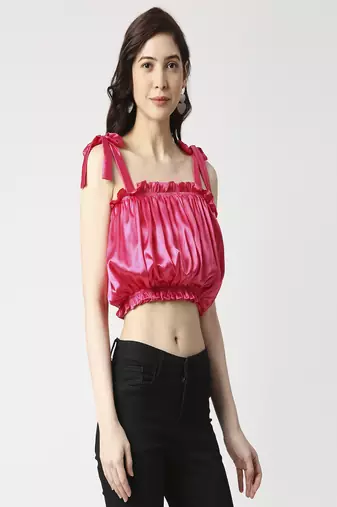 Gathered crop top with shoulder tie-up