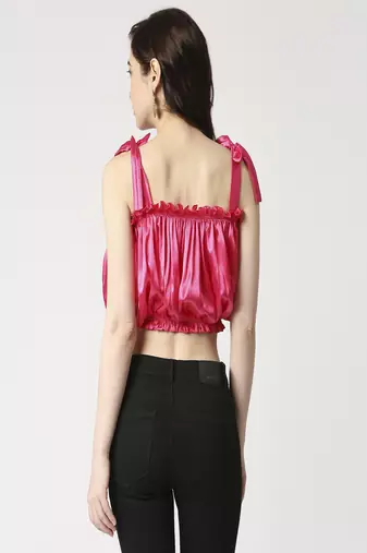 Gathered crop top with shoulder tie-up