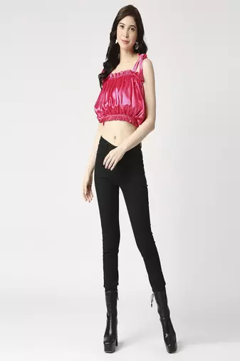 Gathered crop top with shoulder tie-up