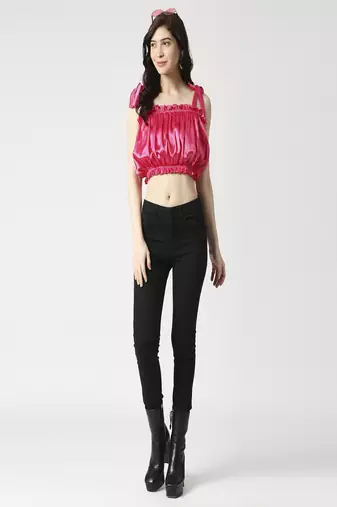 Gathered crop top with shoulder tie-up