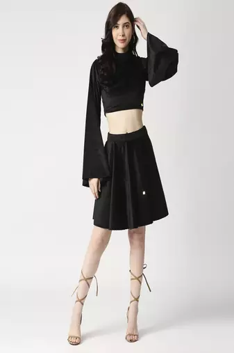 Velvet cord-set crop top and flared skirt