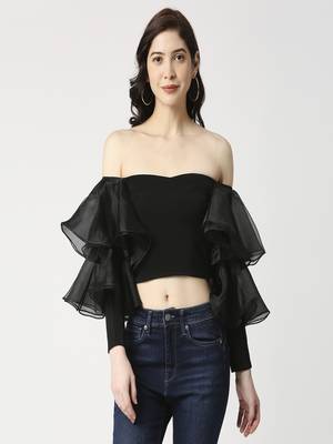 Black flounce sleeve crop top 1