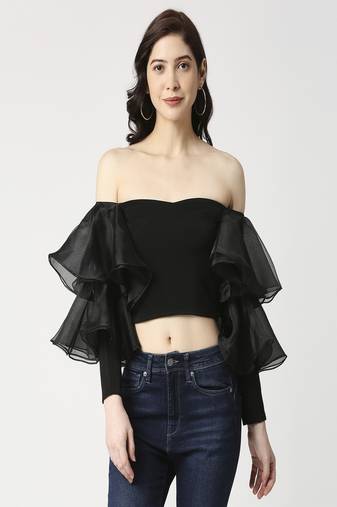 Black flounce sleeve crop top