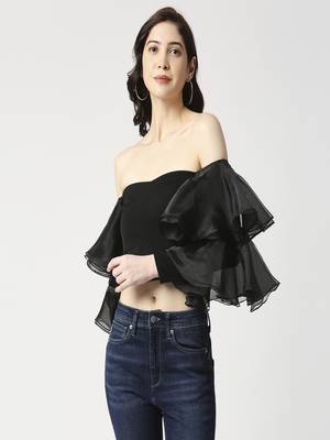 Black flounce sleeve crop top 2