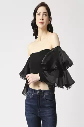 Black flounce sleeve crop top