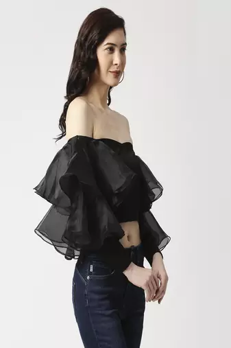 Black flounce sleeve crop top