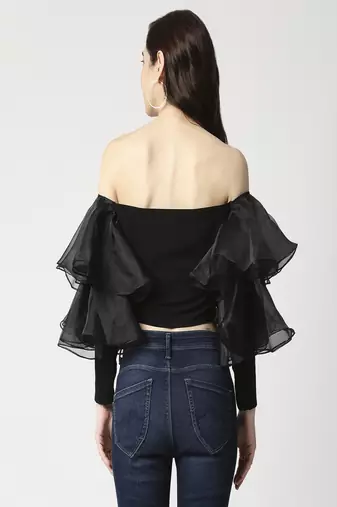 Black flounce sleeve crop top