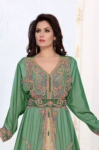 Dark-Green color Full Sleeves Handmade Moroccan Kaftan