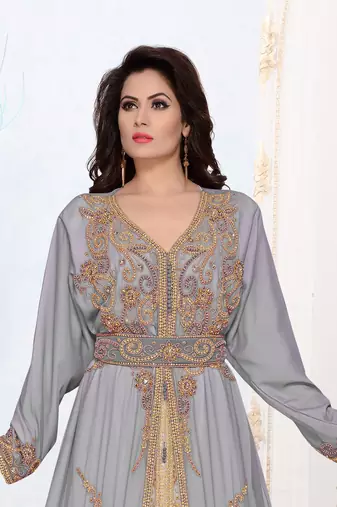 Grey Color Full Sleeves Handmade Moroccan Kaftan