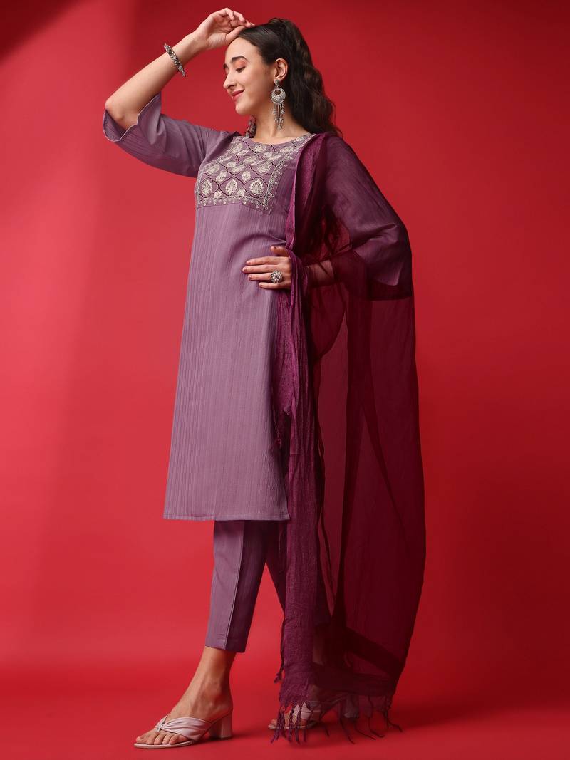 Clemira Purple Color Embroidered Women'S Kurta Palazzo Dupatta Set