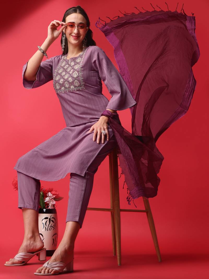 Clemira Purple Color Embroidered Women'S Kurta Palazzo Dupatta Set