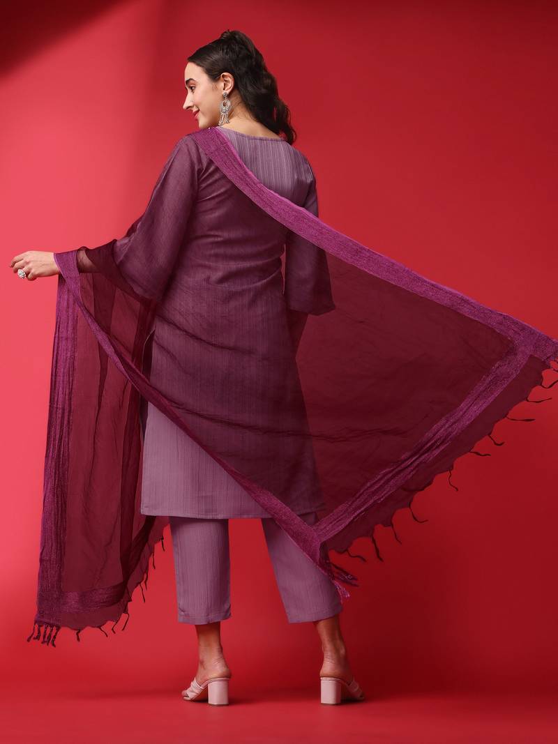 Clemira Purple Color Embroidered Women'S Kurta Palazzo Dupatta Set