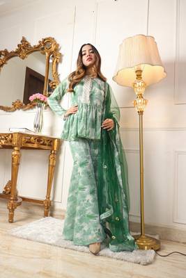 Green floral printed georgetee anarkali top with sharara & dupatta 1