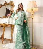 Green floral printed georgetee anarkali top with sharara & dupatta