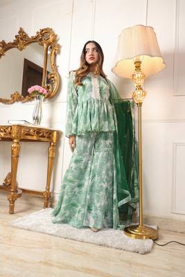 Green floral printed georgetee anarkali top with sharara & dupatta 2