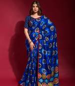Blue color emboss foil print work with piping all over saree with blouse