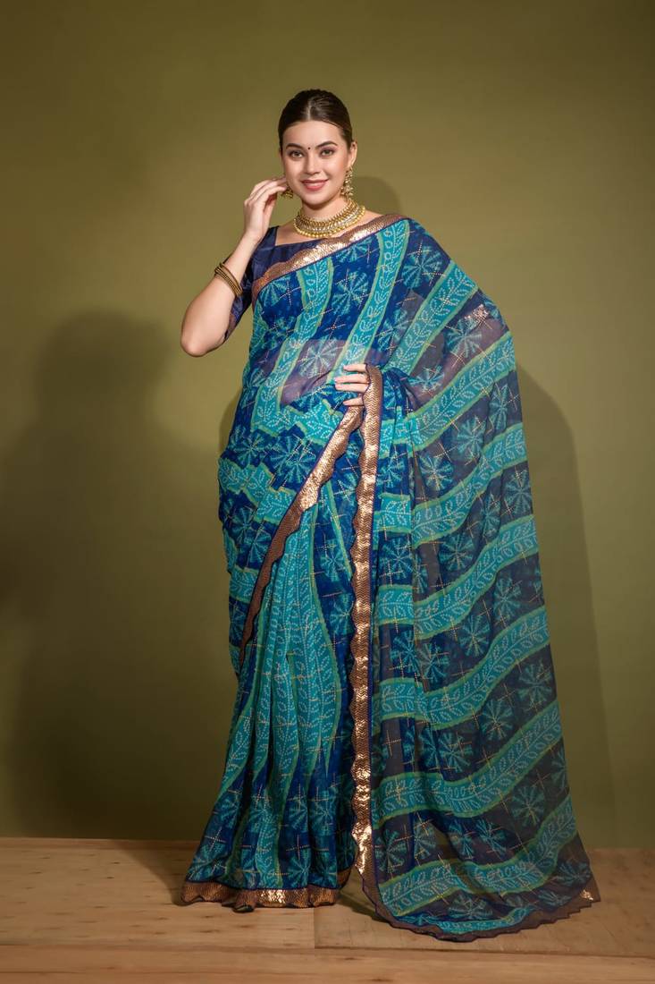 Pink color georgette chiffon with bandhani print with foil work with blouse