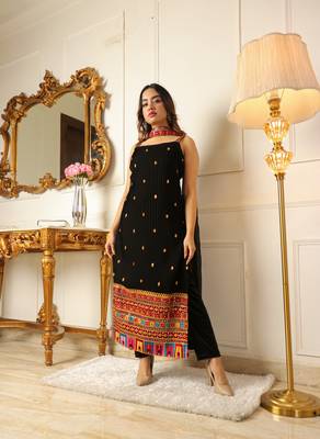 Women's black embroidered sequinned straight kurti with trousers & dupatta 1