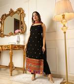 Women's black embroidered sequinned straight kurti with trousers & dupatta