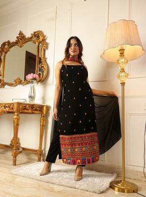 Women's black embroidered sequinned straight kurti with trousers & dupatta 2