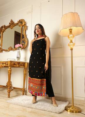 Women's black embroidered sequinned straight kurti with trousers & dupatta 4