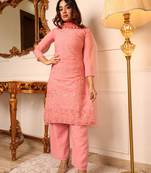Women's pink floral embroidered kurti with trousers & dupatta