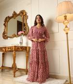 Women's mroon floral printed georgette long western dress