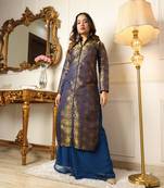 Blue jacquard woven design mandarin collar kurta with palazzo