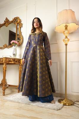 Blue jacquard woven design anarkali kurta with palazzo 1