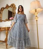 Women's blue floral printed georgette western dress