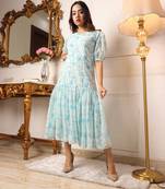 Women's turquiose blue floral printed georgette western dress