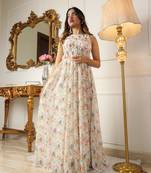 Women's off-white floral printed georgette long dress