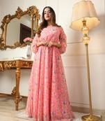 Women's pink floral printed georgette long dress