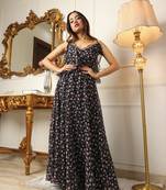 Women's black floral printed georgette long dress
