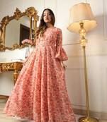 Women's peach coral printed georgette maxi dress