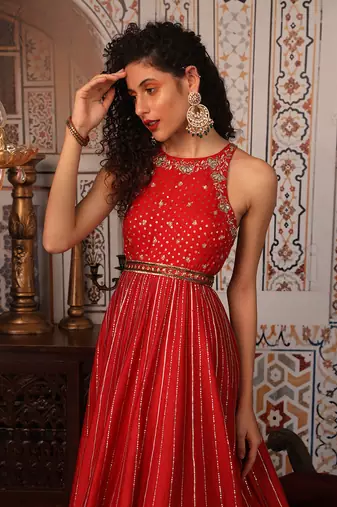 Rust Anarkali Set