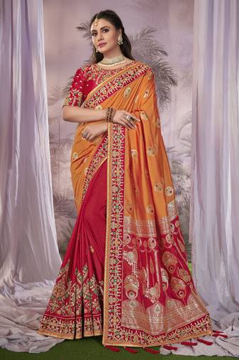 Orange & Red Banarasi silk blend Saree With Unstitch Blouse Piece