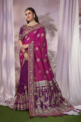 Purple Banarasi silk blend Saree With Unstitch Blouse Piece 1