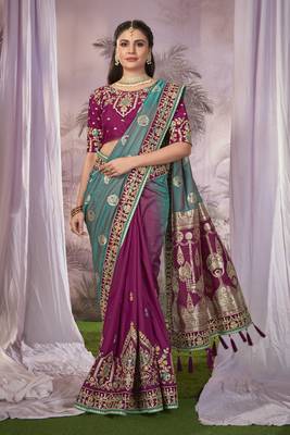 Blue & Purple Banarasi silk blend Saree With Unstitch Blouse Piece 1