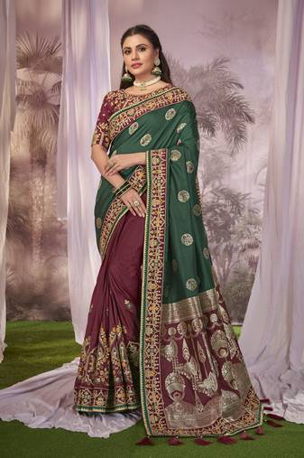 Green & Maroon Banarasi silk blend Saree With Unstitch Blouse Piece