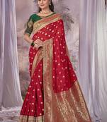 Red Banarasi silk blend Saree With Unstitch Blouse Piece