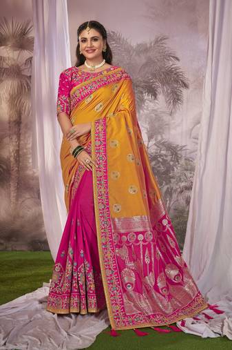yellow & pink Banarasi silk blend saree with unstitch blouse piece
