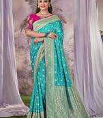 sky blue Banarasi silk blend saree with unstitch blouse piece
