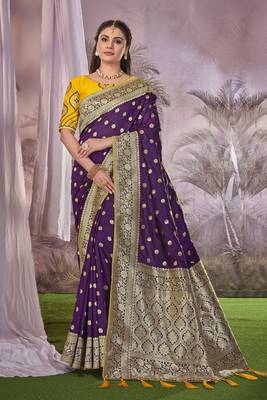 Purple Banarasi silk blend Saree With Unstitch Blouse Piece 1