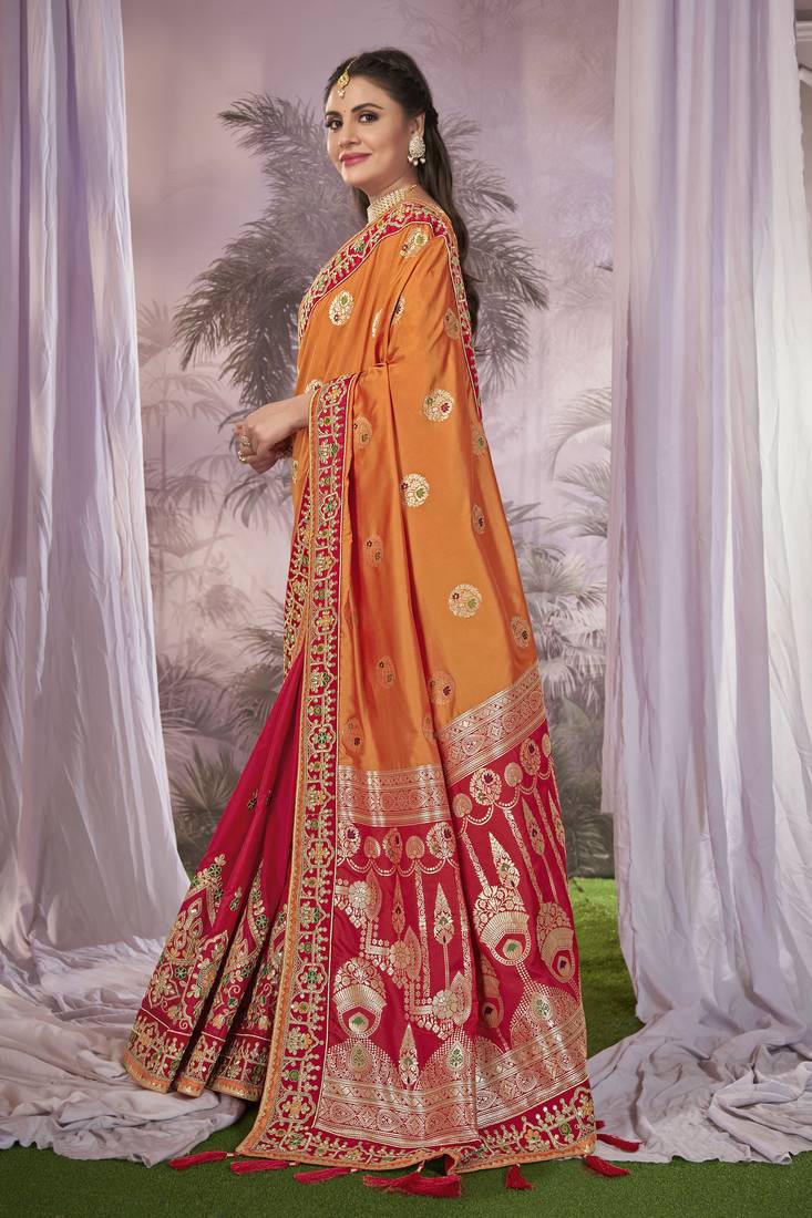 Orange & Red Banarasi silk blend Saree With Unstitch Blouse Piece