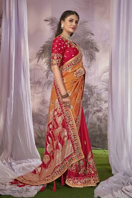 Orange & Red Banarasi silk blend Saree With Unstitch Blouse Piece 3