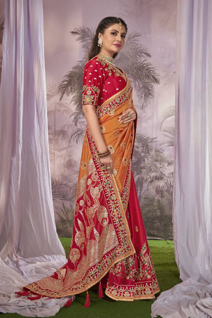 Orange & Red Banarasi silk blend Saree With Unstitch Blouse Piece