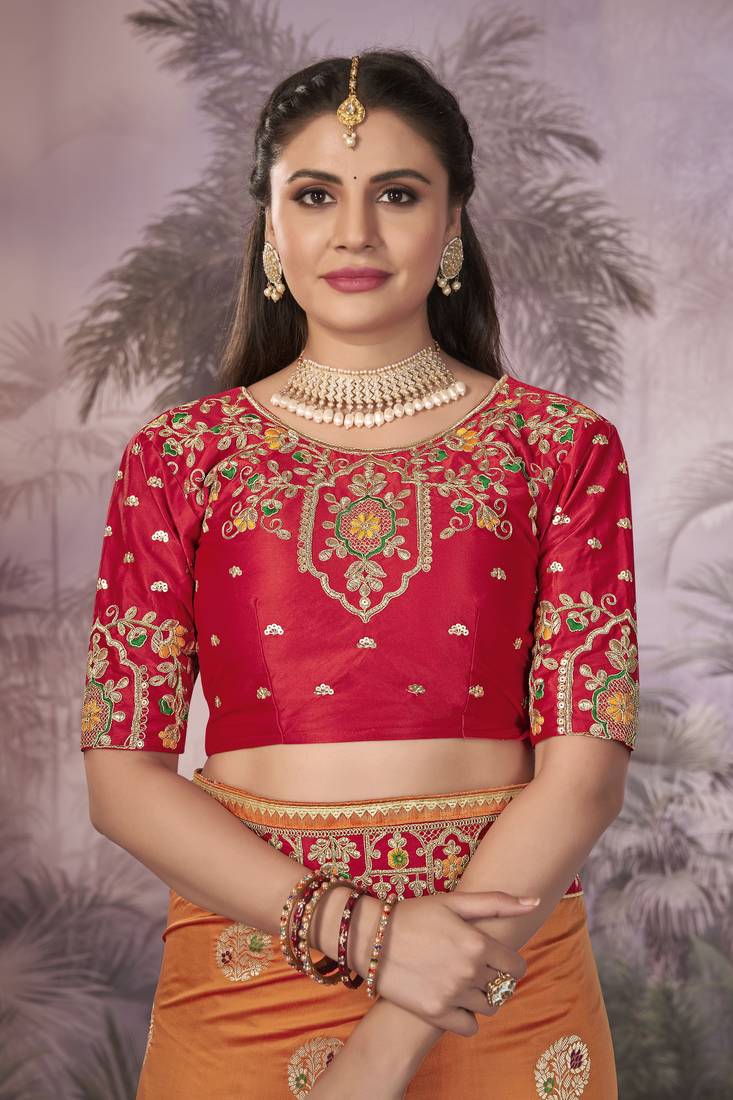 Orange & Red Banarasi silk blend Saree With Unstitch Blouse Piece